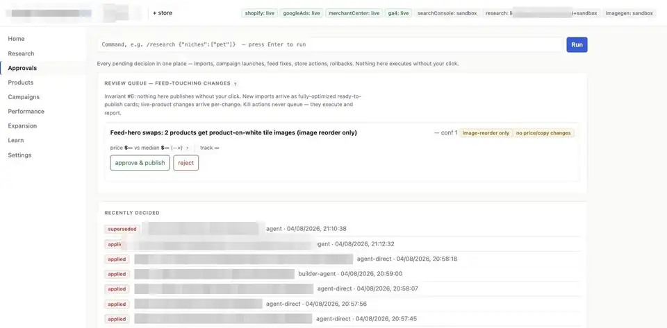 GDOS research and approval queue: researched product candidates and proposed catalog additions with statuses, decision types and audit trail; product names redacted